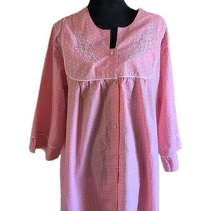 Lrg Vtg National Peach Polka Dot Nightgown Womans Pearl Snap Robe House Coat EUC